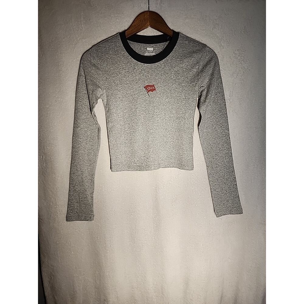 Levis Womens Cotton Gray Graphic Long Sleeve Crop Top Cropped T-Shirt XS New